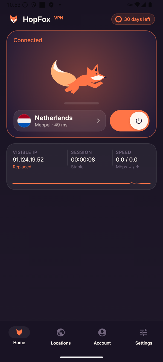 HopFox VPN on Android, connected