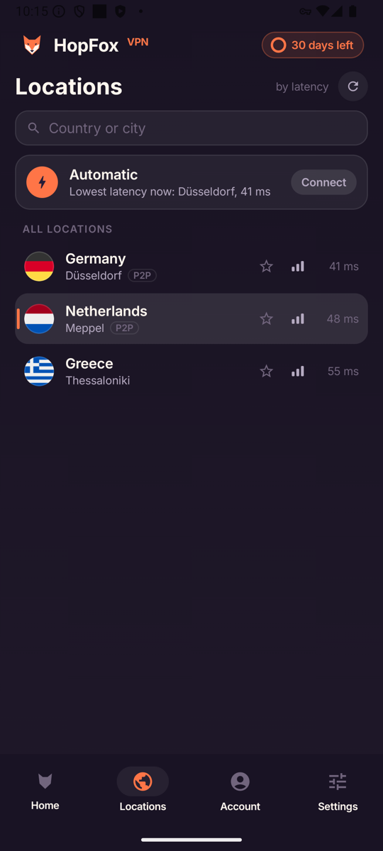 Android'de HopFox VPN konum listesi
