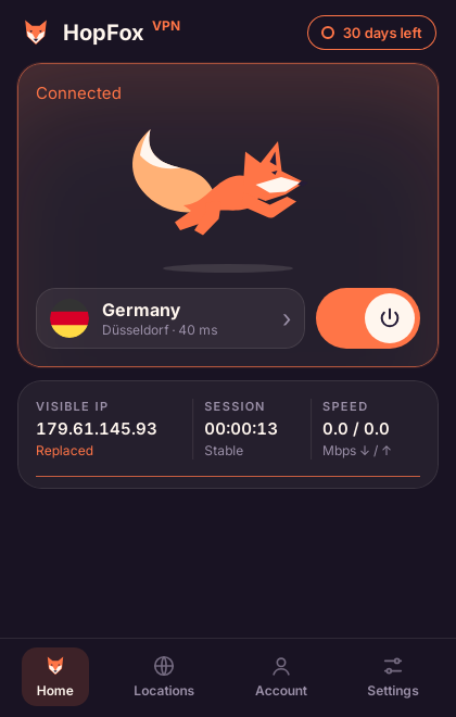 HopFox VPN on Linux, connected