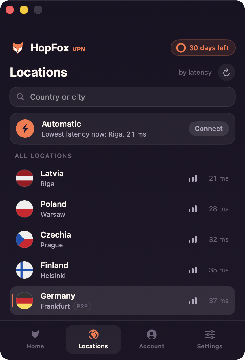 Locations list in HopFox VPN on macOS