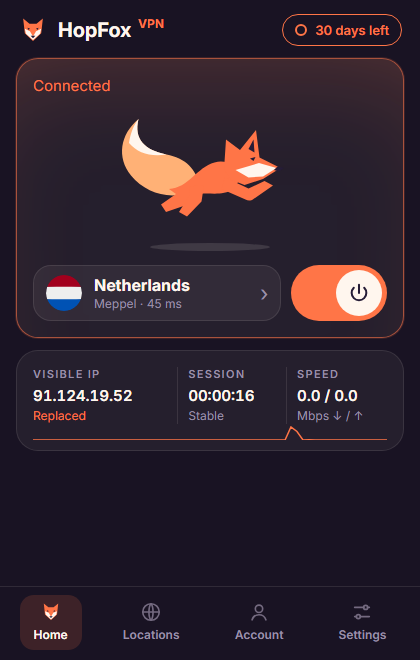 Windows'ta HopFox VPN, bağlı